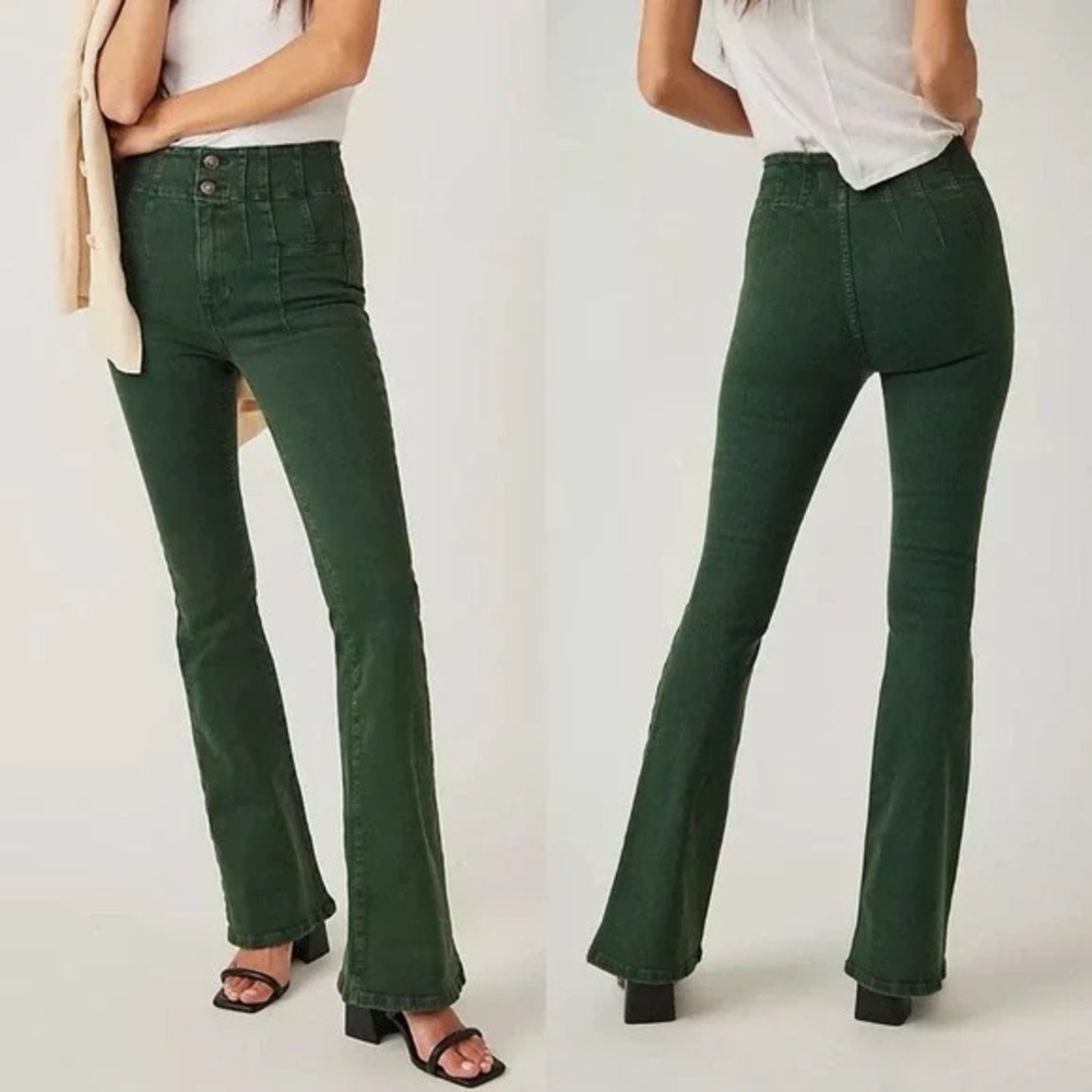 We The Free Green Flare Pants High-Rise Tailored